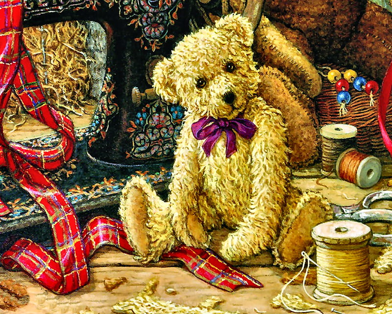 Brand New Teddy Bear F, sewing, art, bonito, ribbons, illustration, artwork, painting, wide screen, teddy bear, HD wallpaper