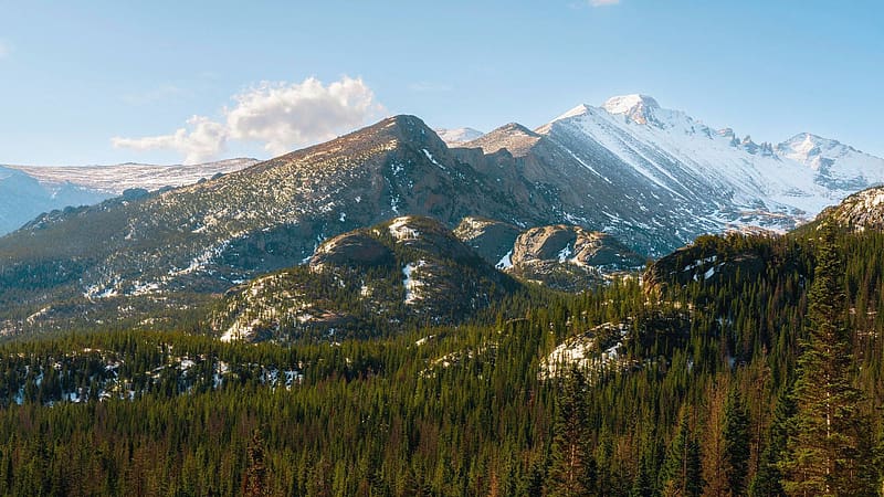 Rocky Mountain National Park, Colorado, sky, rocks, peaks, clouds, trees, usa, HD wallpaper
