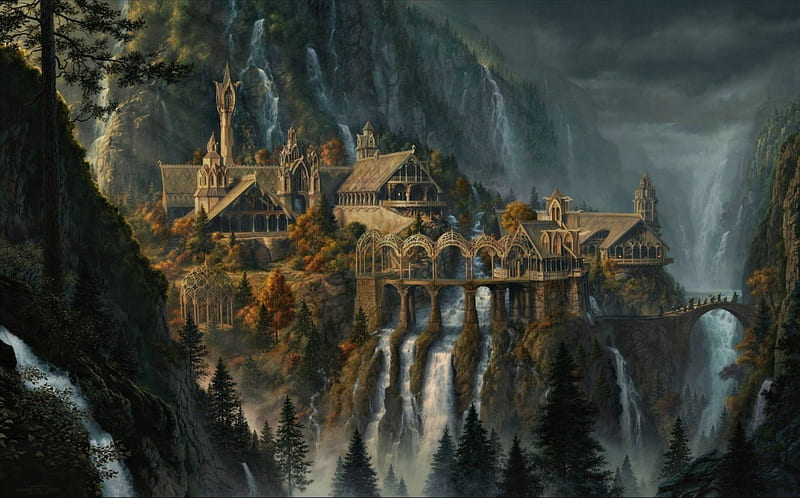 Rivendell, world, art, autumn, elf, game, fantasy, stone, lotr, waterfall, castle, HD wallpaper