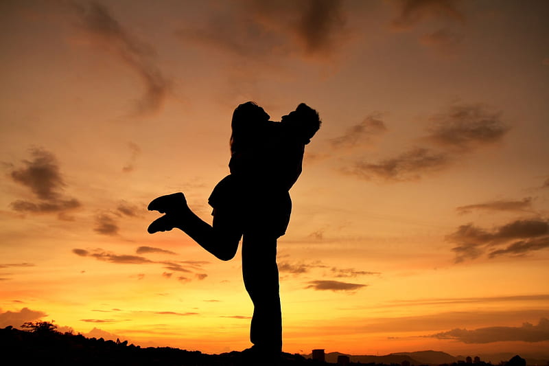 Silhouettes of Lover, beach, sunset, young, love, HD wallpaper