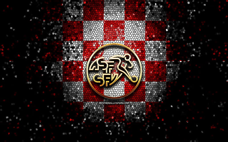 Swiss football team, glitter logo, UEFA, Europe, red white checkered background, mosaic art, soccer, Switzerland National Football Team, SFA logo, football, Switzerland, HD wallpaper