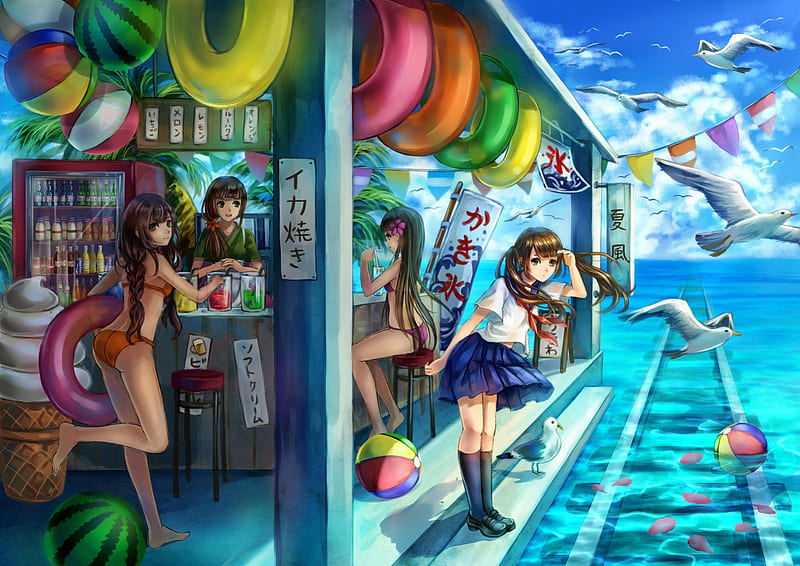Beach fun!!, Anime, Sexy, Seagulls, Summer, Ocean, Sea train, beach, Girls, Balls, Sea, Bikini, HD wallpaper