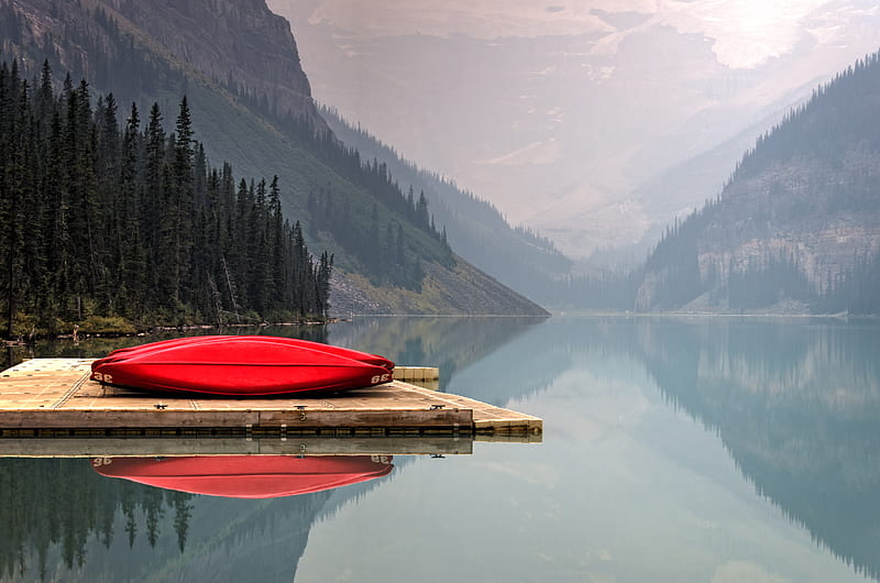 brown floater with red canoe in body of water, HD wallpaper