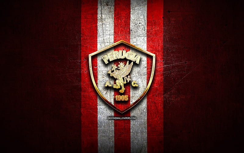 Perugia FC, golden logo, Serie B, red metal background, football, AC Perugia Calcio, italian football club, Perugia logo, soccer, Italy, HD wallpaper