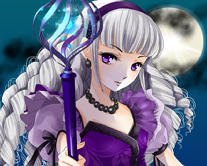 Wand, staff, pretty, white hair, adorable, magic, women, sweet, floral, love, anime, flowers, beauty, anime girl, weapon, purple eyes, long hair, lovely, gown, amour, sky, cute, maiden, dress, divine, adore, bonito, sublime, woman, moon, blossom, hot, gorgeous, night, female, cloud, exquisite, rod, kawaii, girl, flower, precious, magical, silver hair, lady, angelic, HD wallpaper