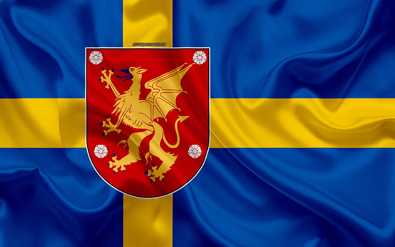 Flag of Ostergotland County silk flag, Ostergotland lan flag, silk texture, Ostergotland County, Sweden, regions of Sweden, Ostergotland flag, HD wallpaper