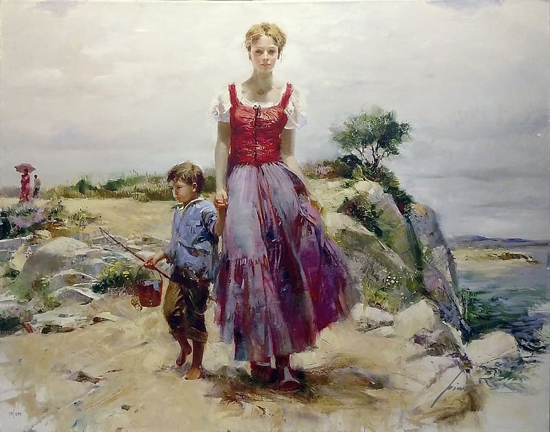 Stroll, mother, brother, pino daeni, child, art, girl, woman, sister, boy, painting, pictura, HD wallpaper