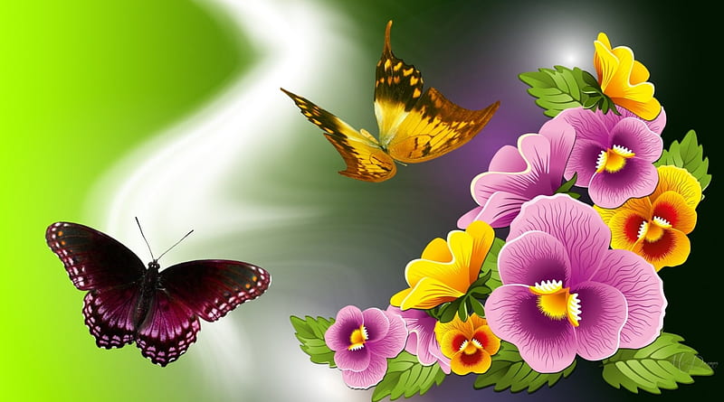 Violets and Butterflies, summer, flowers, violets, spring, butterflies ...