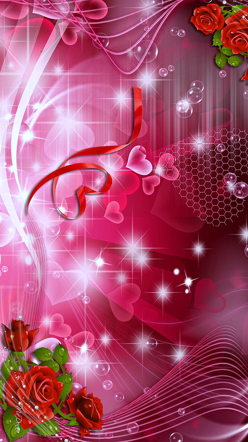 Hearts and roses, bubbles, heart, pink, red, rose, stars, HD phone