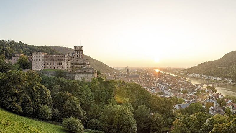castle above heidelberg at sunset, city, hilol, river, sunset, castle, HD wallpaper