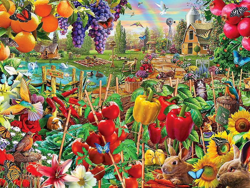 A Plentiful Season, pomegranates, rabbit, fruits, lilies, birds, butterflies, barn, oranges, grapes, tomatoes, artworg, sunflowers, digital, flowers, vegetables, peppers, HD wallpaper