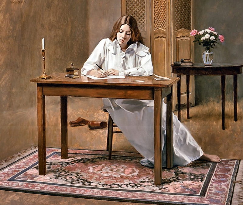 Letter to Alessandra F1, art, bonito, artwork, painting, wide screen, desk, portrait, lady, writing, HD wallpaper