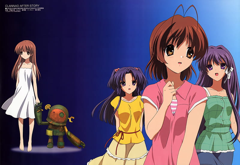 Clannad: after story, kotomi ichinose, after story, nagisa furukawa, brown hair, purple hair, robot, clannad, short hair, blue hair, afterstory, kyou fujibayashi, long hair, HD wallpaper