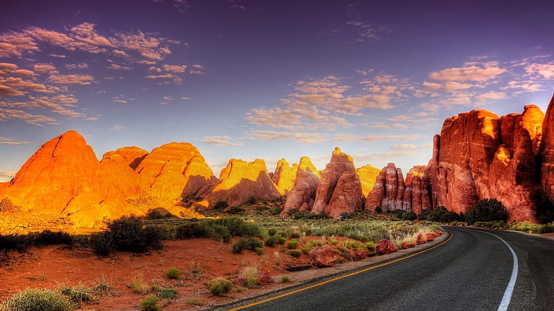 a road into a canyon, towers, sandstone, sunshine, road, canyon, HD wallpaper