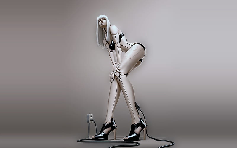 Cyber Girl, black, white, robot, woman, sexy, plug, HD wallpaper