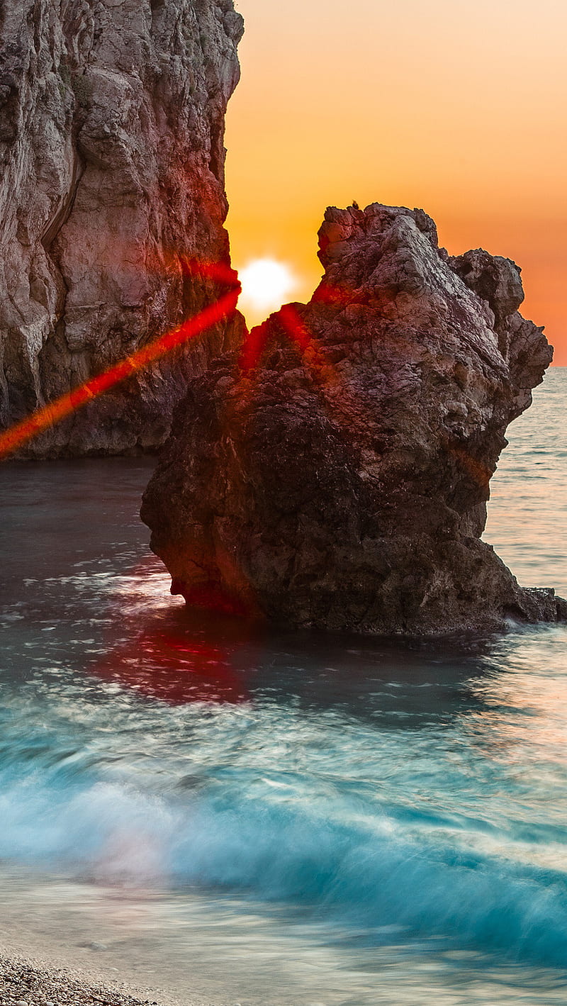 Sunset, beach, rock, sea, sun, HD phone wallpaper | Peakpx