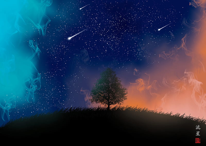 falling stars, lonely tree, Landscape, HD wallpaper
