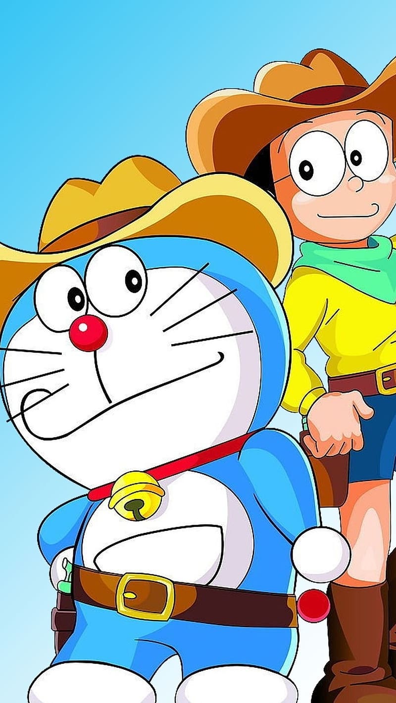 Doraemon In Cowboy, doraemon , cowboy, nobita, cartoon, animated, blue, yellow, HD phone wallpaper