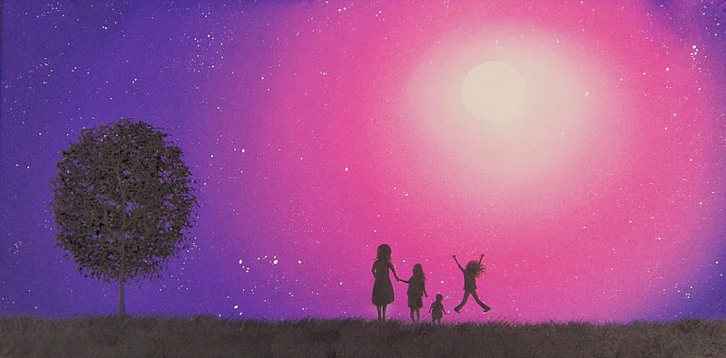 Moonlight, rachel bingaman, family, moon, luminos, silhouette, tree, moon, purple, painting, pictura, pink, night, HD wallpaper