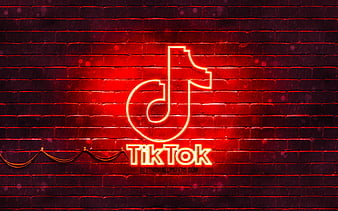 TikTok red logo red brickwall, TikTok logo, social networks, TikTok neon logo, TikTok, HD wallpaper