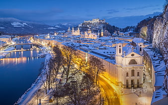 Night, Lights, River, Castle, Austria, Cathedral, Salzburg For, Section 