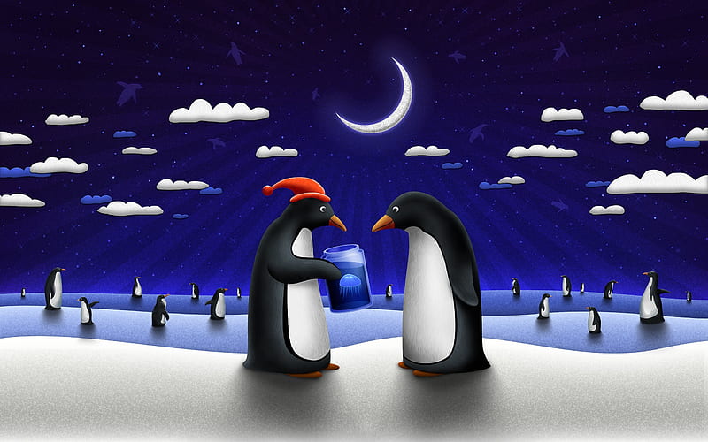 New Year, penguins, winter, moon, santa hat, HD wallpaper