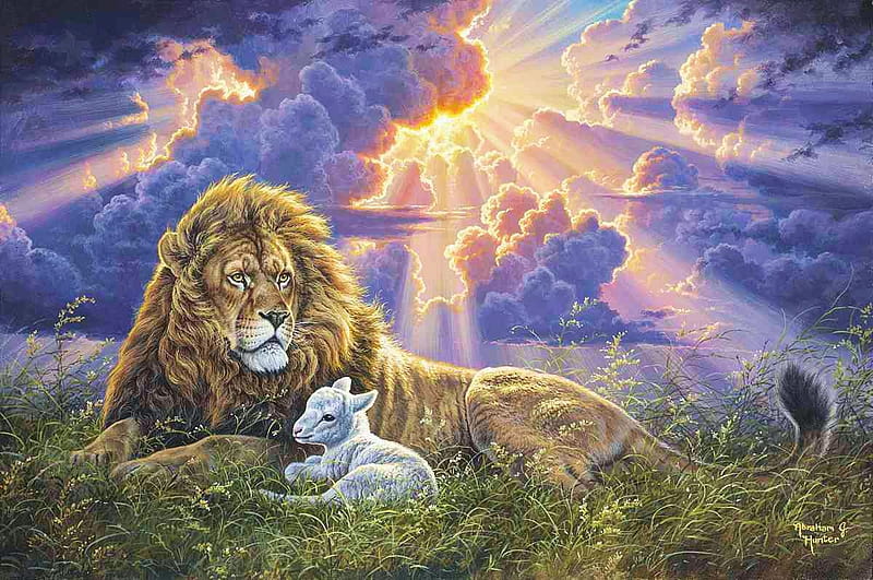 Perfect Peace, sheep, sunrays, painting, Lion, resting, clouds, sky, artwork, HD wallpaper