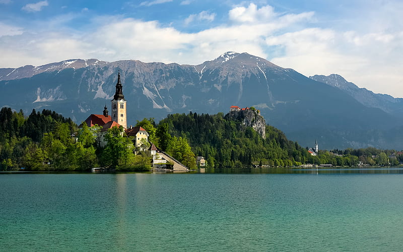 Assumption of Mary Church Slovenia, slovenia, assumption of Mary, churck, island, religious, lake, HD wallpaper