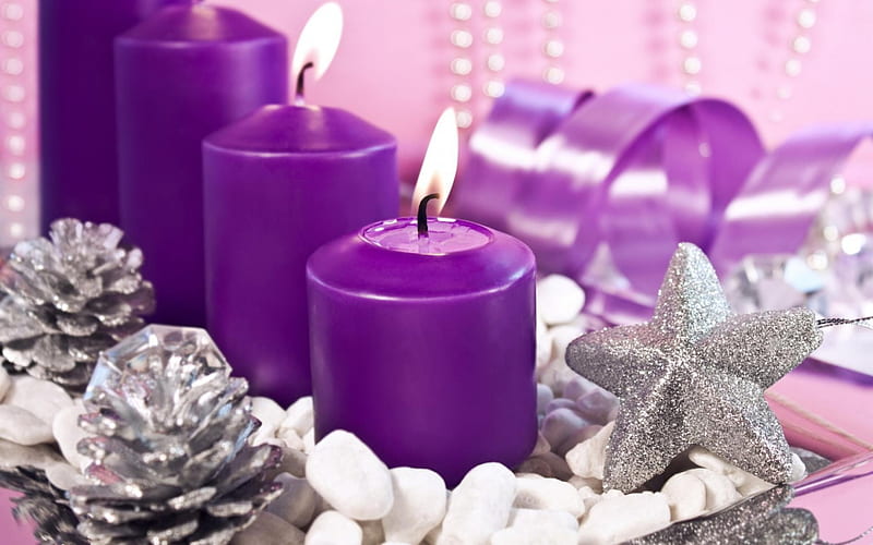 Purple Christmas!, ornaments, purple candles, stars, silver, purple Christmas, candles, HD wallpaper
