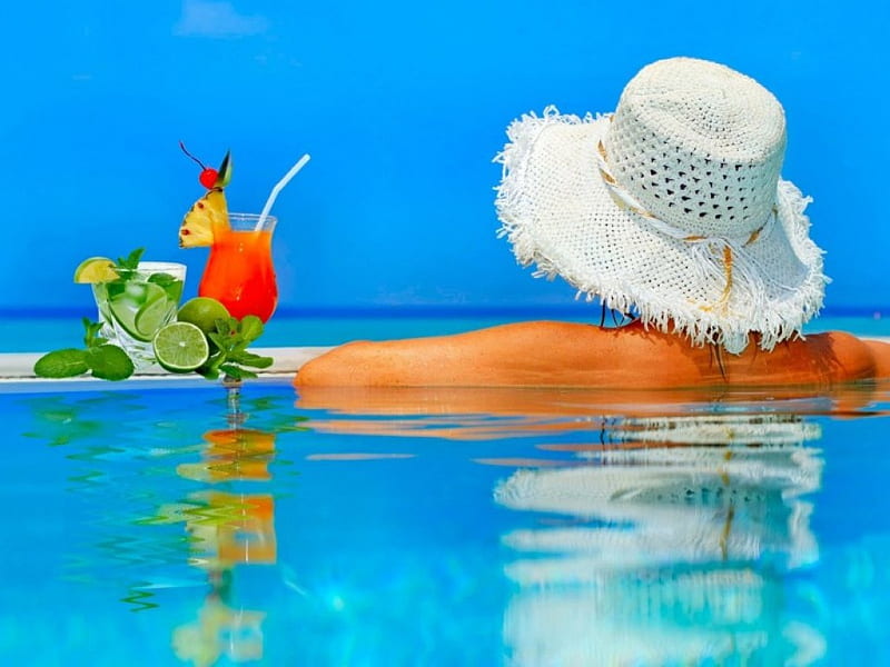 Relaxing Day, cocktail, girl, summer, day, pool, relaxing, mood, hat, HD wallpaper