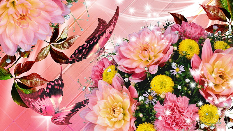 Dahlias and Butterflies, stars, firefox persona, butterflies, ribbons, leaves, dahlias, flowers, smoke, pink, HD wallpaper