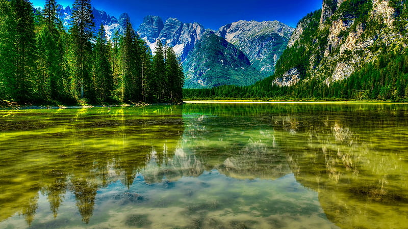 Lake of Landro, South Tyrol, Italy, reflections, dolomites, landscape ...