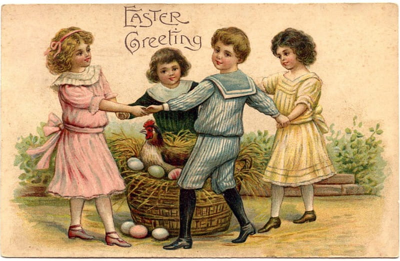 Happy Easter!, egg, boy, girl, children, child, easter, vintage, card, HD wallpaper