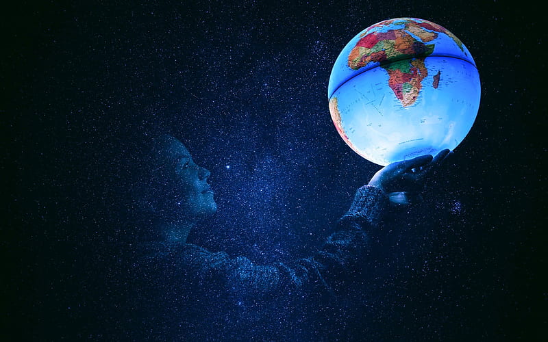 globe, earth, woman, starry sky, night, HD wallpaper