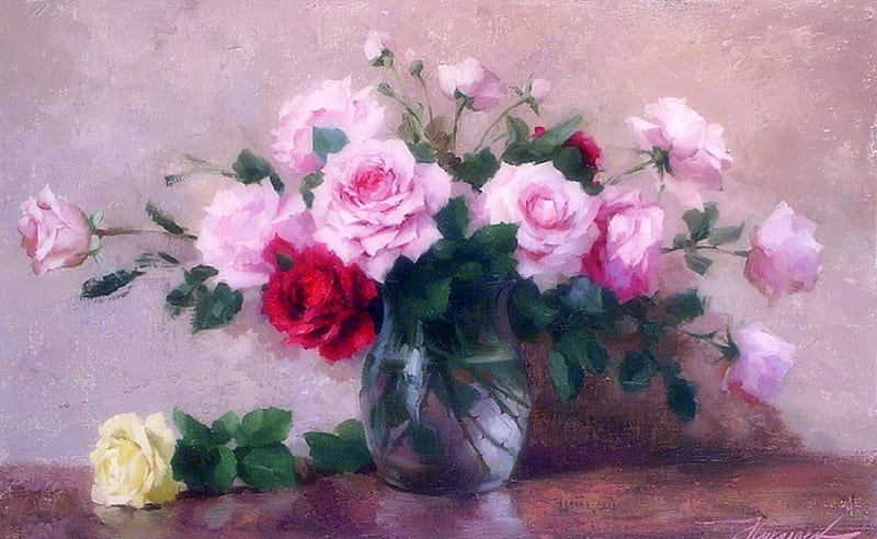 ✿⊱•╮Roses from Garden╭•⊰✿, lovely still life, draw and paint, love four seasons, vase, roses, still life, paintings, all roses, flowers, HD wallpaper