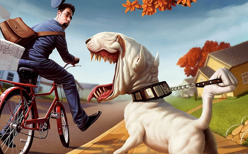 BEWARE OF THE DOG, MAILMAN, DOG, BICYCLE, FUNNY, HD wallpaper