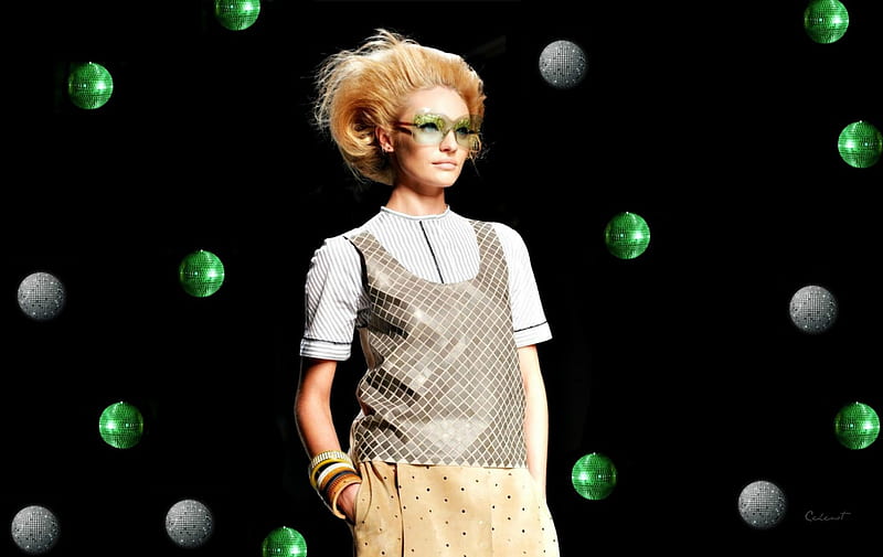 Candice Swanepoel, disco, model, glitter, glasses, blonde, by cehenot, woman, ball, girl, green, gris, HD wallpaper