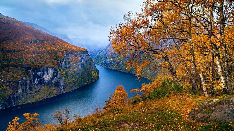 Autumn at a Norwegian Fjord, leaves, fall, landscape, clouds, trees, colors, sky, norway, HD wallpaper