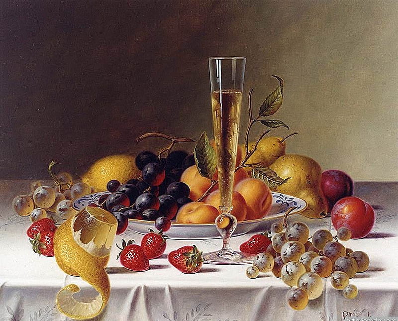 Roy Hodrien. Fruits and berries, fruit, art, food, wine, roy hodrien, painting, HD wallpaper