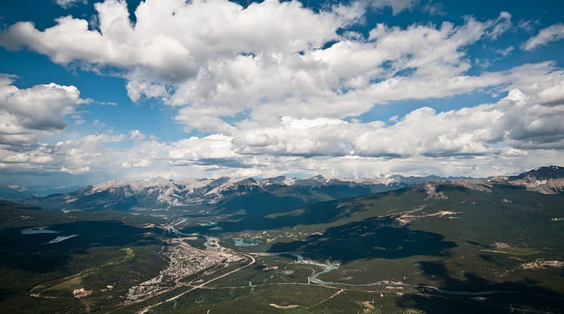 jasper canada from mt. whistler, mountain, view, town, clouds, valley, HD wallpaper