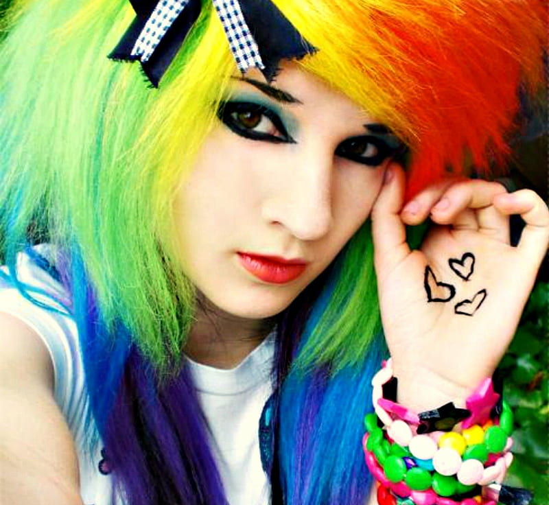 Emo Rainbow Girl, colors, bonito, rainbow, corazones, cute, hair, emo, girl, color, eyes, HD wallpaper