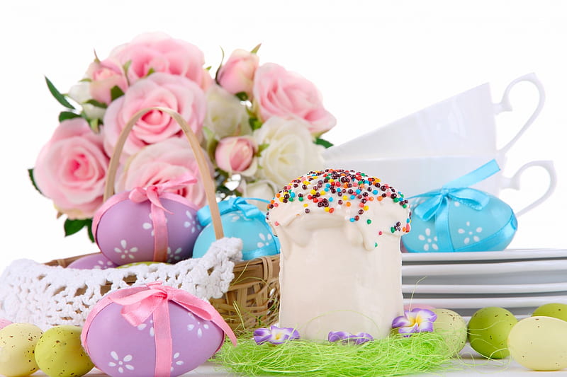 HAPPY HOLIDAY, holiday, eggs, flowers, cakes, easter, HD wallpaper