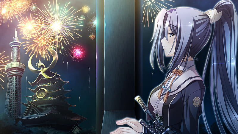 Fireworks, pretty, dress, game cg, smile, appare tenka gomen, girl, anime, temple, anime girl, weapon, sword, HD wallpaper