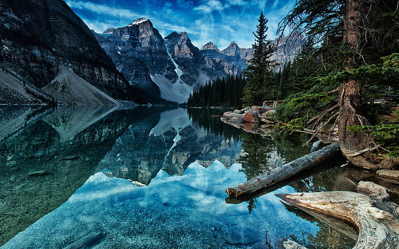Moraine Lake, R, Banff, blue lake, morning, North America, mountains, forest, Banff National Park, Canada, Alberta, HD wallpaper