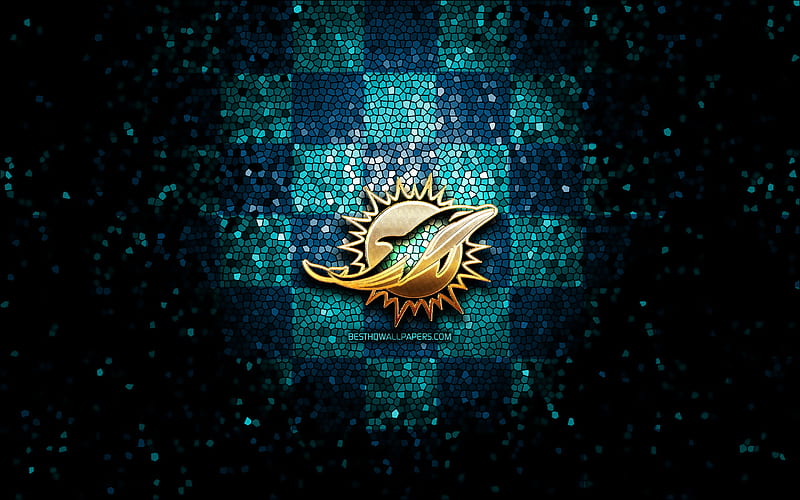 Miami Dolphins, glitter logo, NFL, blue checkered background, USA, american football team, Miami Dolphins logo, mosaic art, american football, America, HD wallpaper