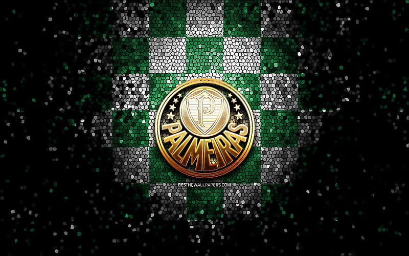 Palmeiras FC, glitter logo, Serie A, green white checkered background, soccer, SE Palmeiras, brazilian football club, Palmeiras logo, mosaic art, football, Brazil, HD wallpaper