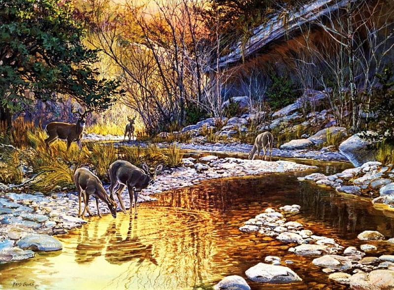Whitetail Rendezvous, water, snow, painting, sunset, reflection, artwork, winter, deer, HD wallpaper