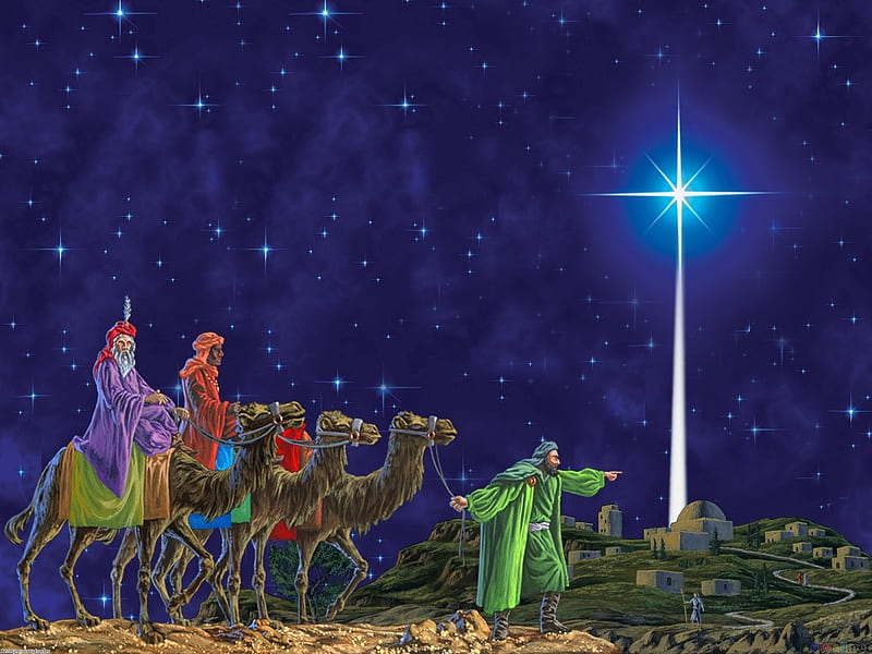 STAR OF BETHLEHEM, bethlehem, trio, men, camels, sky, night, star, HD wallpaper