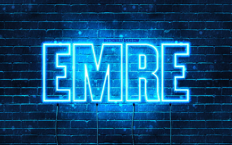 Emre with names, Emre name, blue neon lights, Happy Birtay Emre, popular turkish male names, with Emre name, HD wallpaper