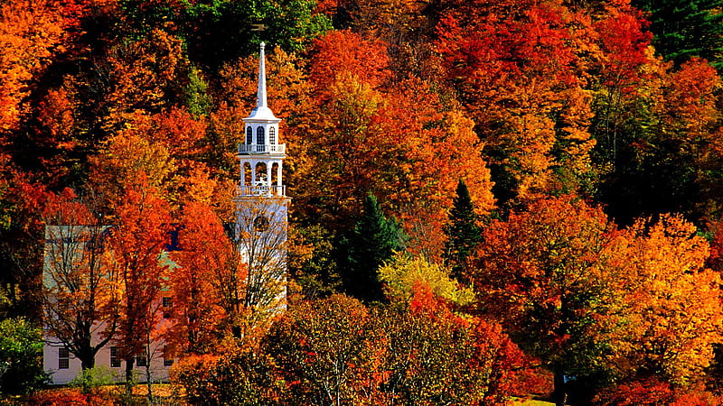 church in vermont, red, forest, colorful, fall, autumn, orange, religious, yellow, church, trees, leaves, graphy, green, beauty, nature, HD wallpaper